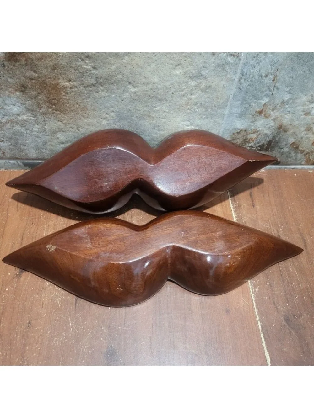Vintage MCM Monkey Pod Wood 2 Compartment Divided Serving Dish Tray Set of 2